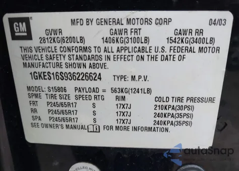 2003 GMC Envoy Xl Slt z USA, uszkodzony, nr VIN 1GKES16S936226624